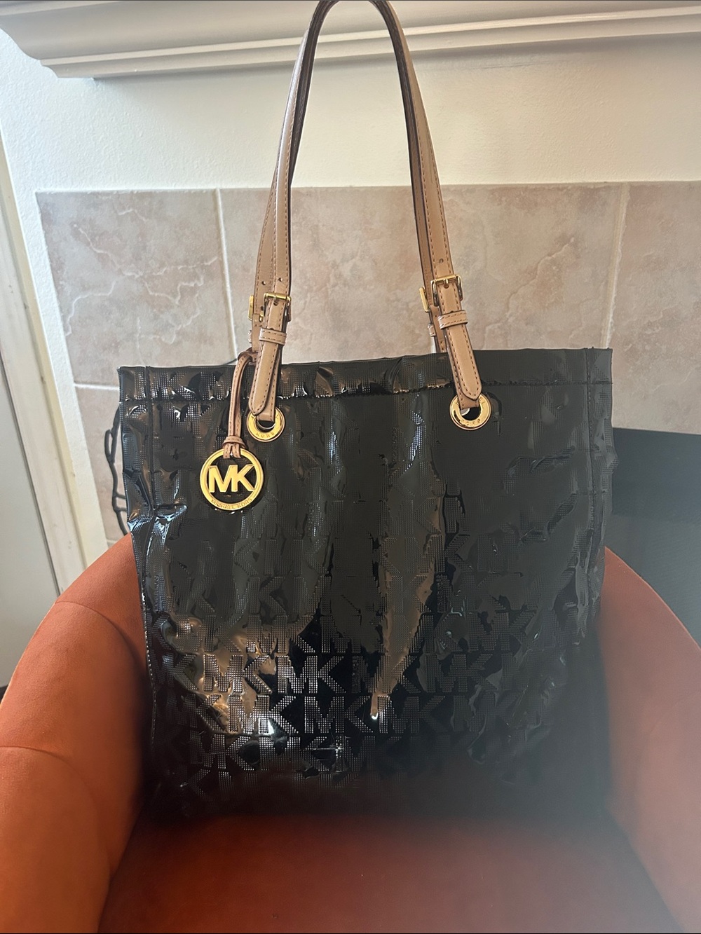 Michael Kors Black Patent Tote with Tan Handles and Gold MK Charm